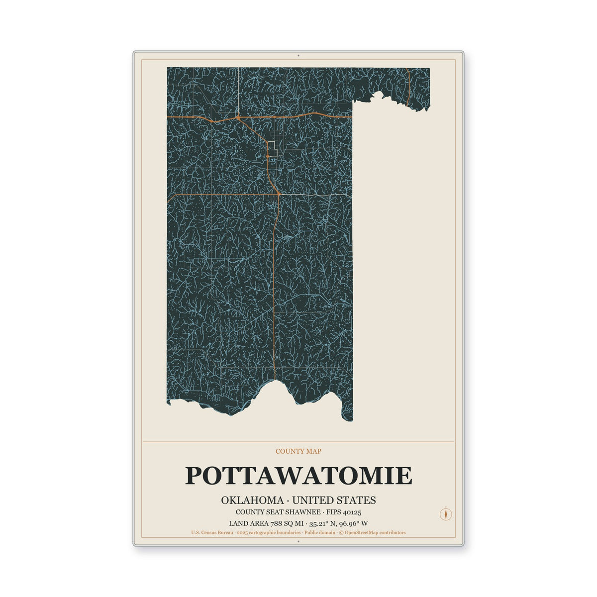 Pottawatomie County, Oklahoma Map Aluminum Sign in Headline Atlas style