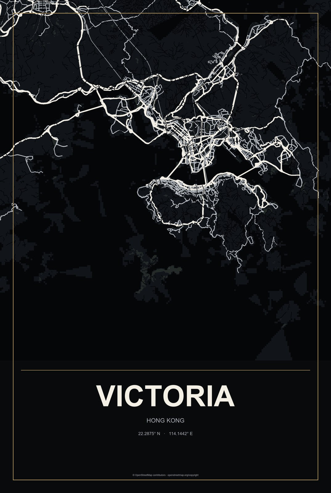 Victoria, Hong Kong City Map Aluminum Sign in Metropolitan Noir style