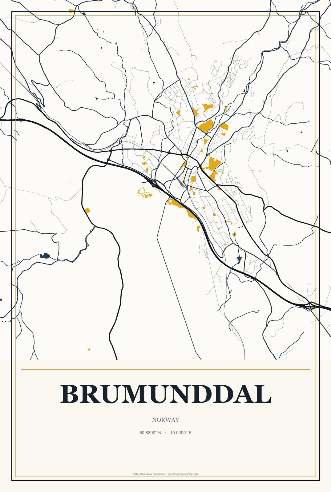 Brumunddal, Norway City Map Aluminum Sign in Citrine Modern style