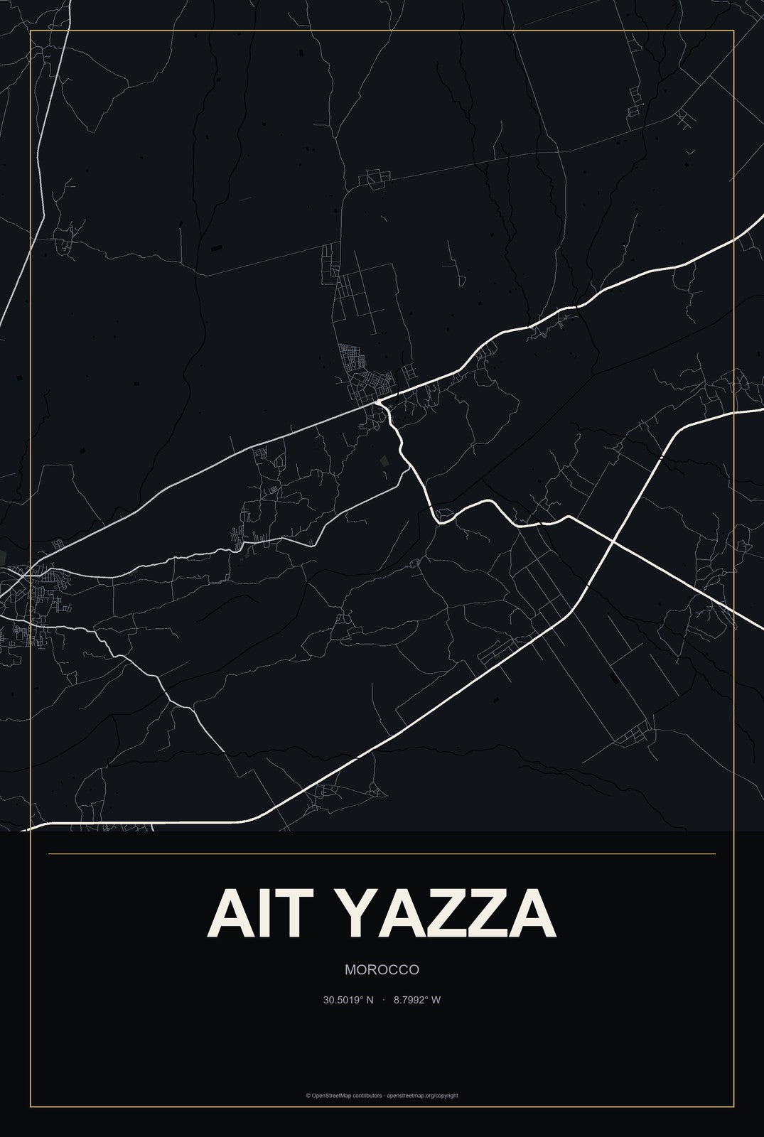Ait Yazza, Morocco City Map Aluminum Sign in Metropolitan Noir style