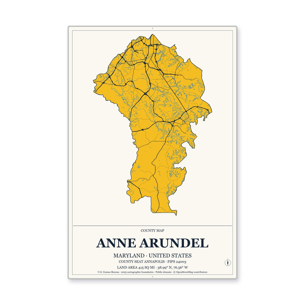 Anne Arundel County, Maryland Map Aluminum Sign in Citrine Modern style