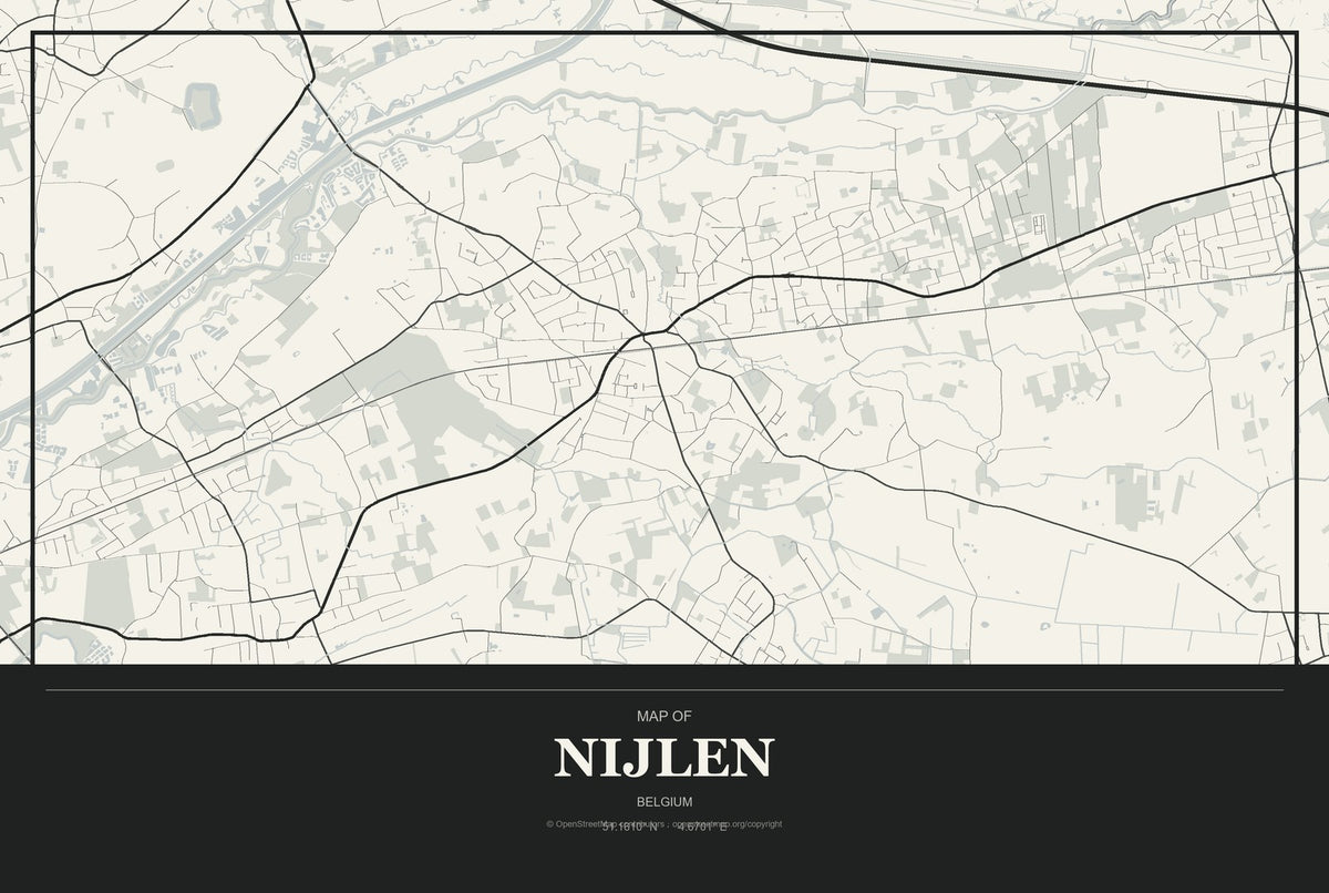 Nijlen, Belgium City Map Aluminum Sign in Museum Plaque style