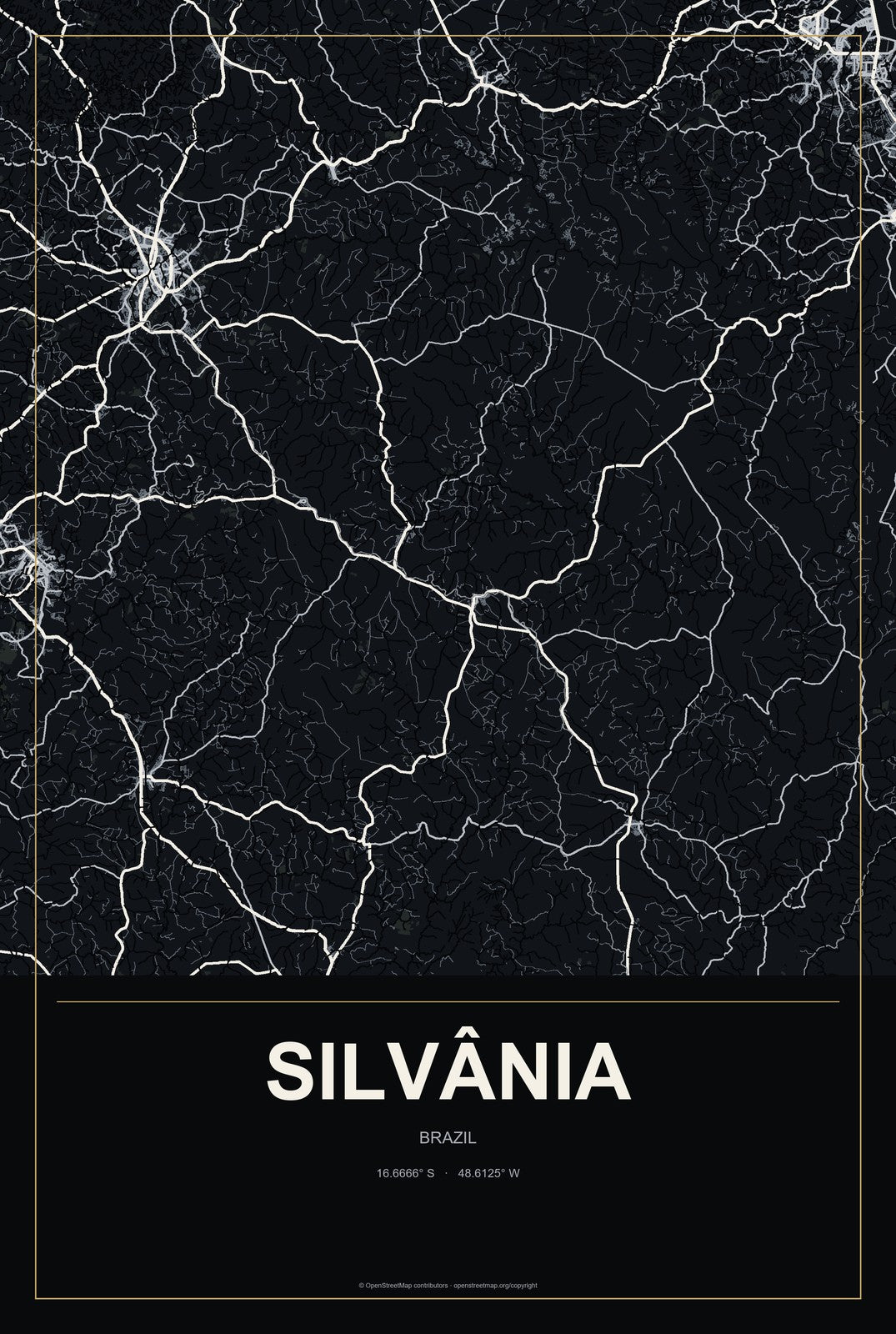 Silvânia, Brazil City Map Aluminum Sign in Metropolitan Noir style