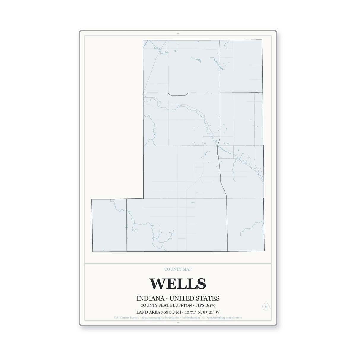 Wells County, Indiana Map Aluminum Sign in Gallery Air style