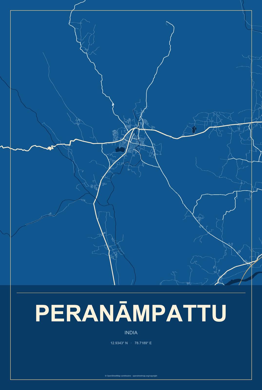 Peranāmpattu, India City Map Aluminum Sign in Harbor Cobalt style