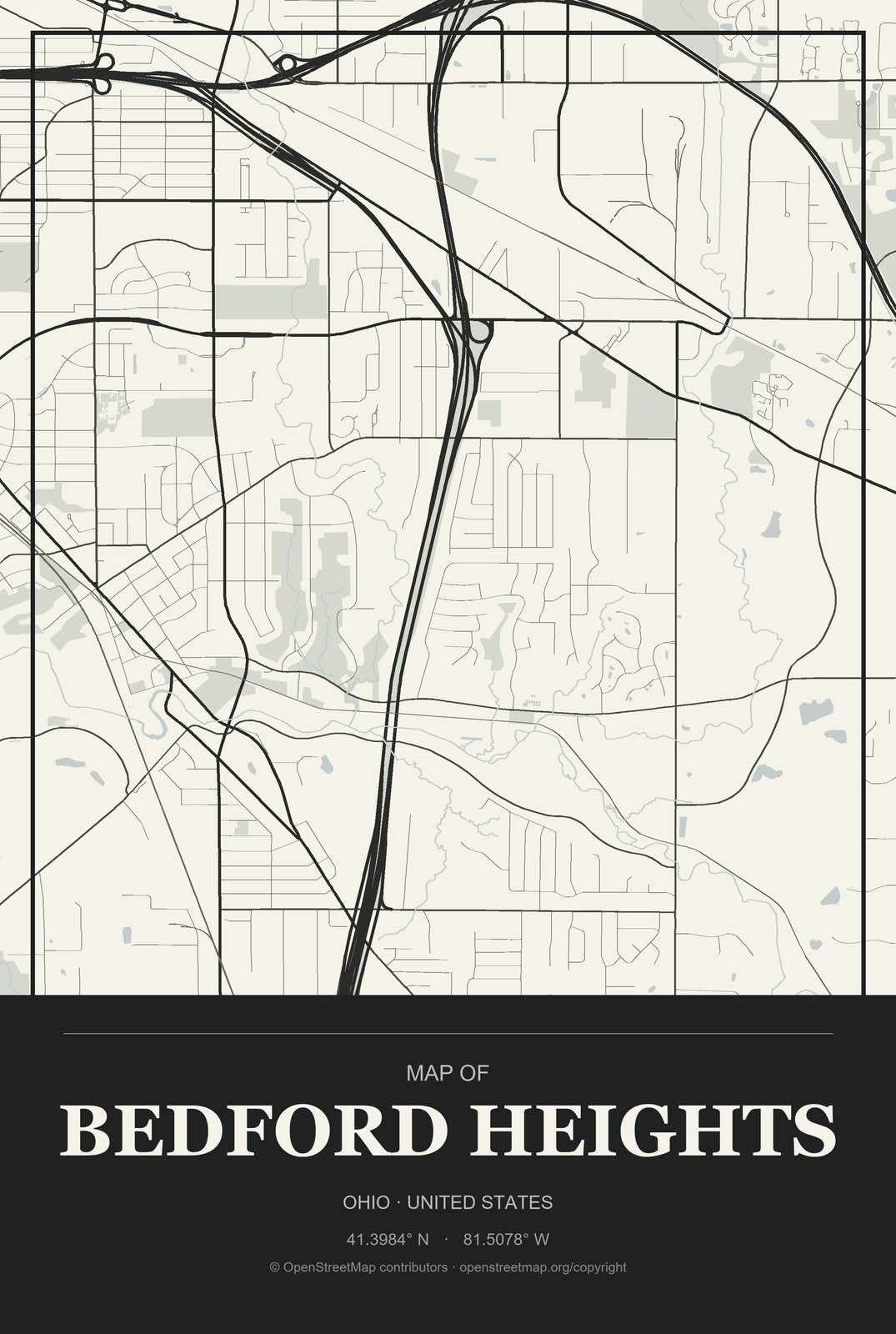 Bedford Heights, Ohio City Map Aluminum Sign in Museum Plaque style