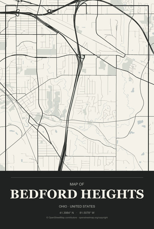 Bedford Heights, Ohio City Map Aluminum Sign in Museum Plaque style