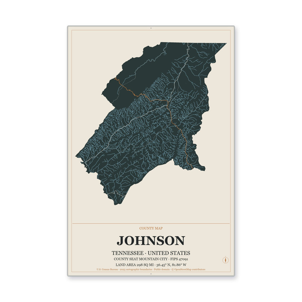 Johnson County, Tennessee Map Aluminum Sign in Headline Atlas style