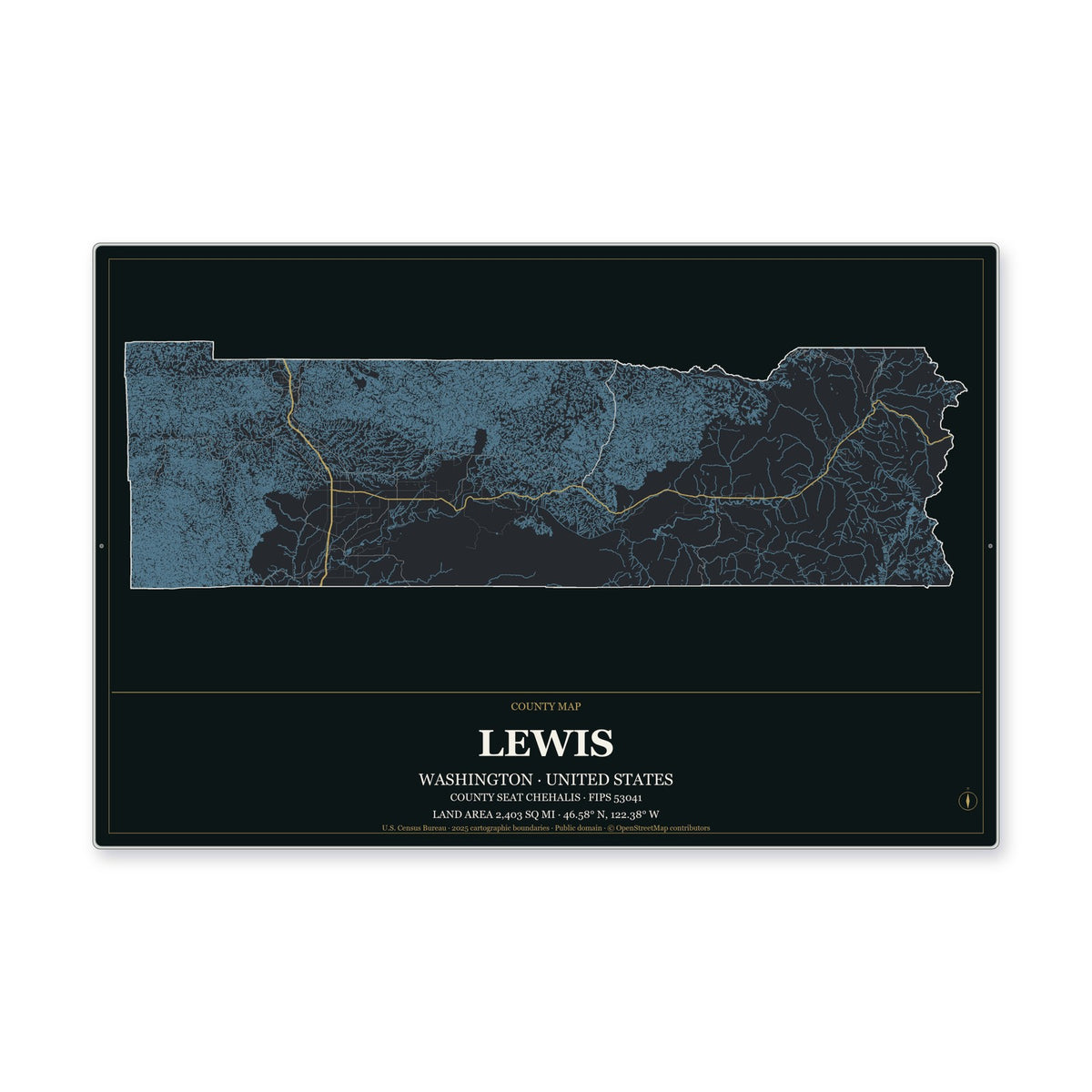 Lewis County, Washington Map Aluminum Sign in Metropolitan Noir style