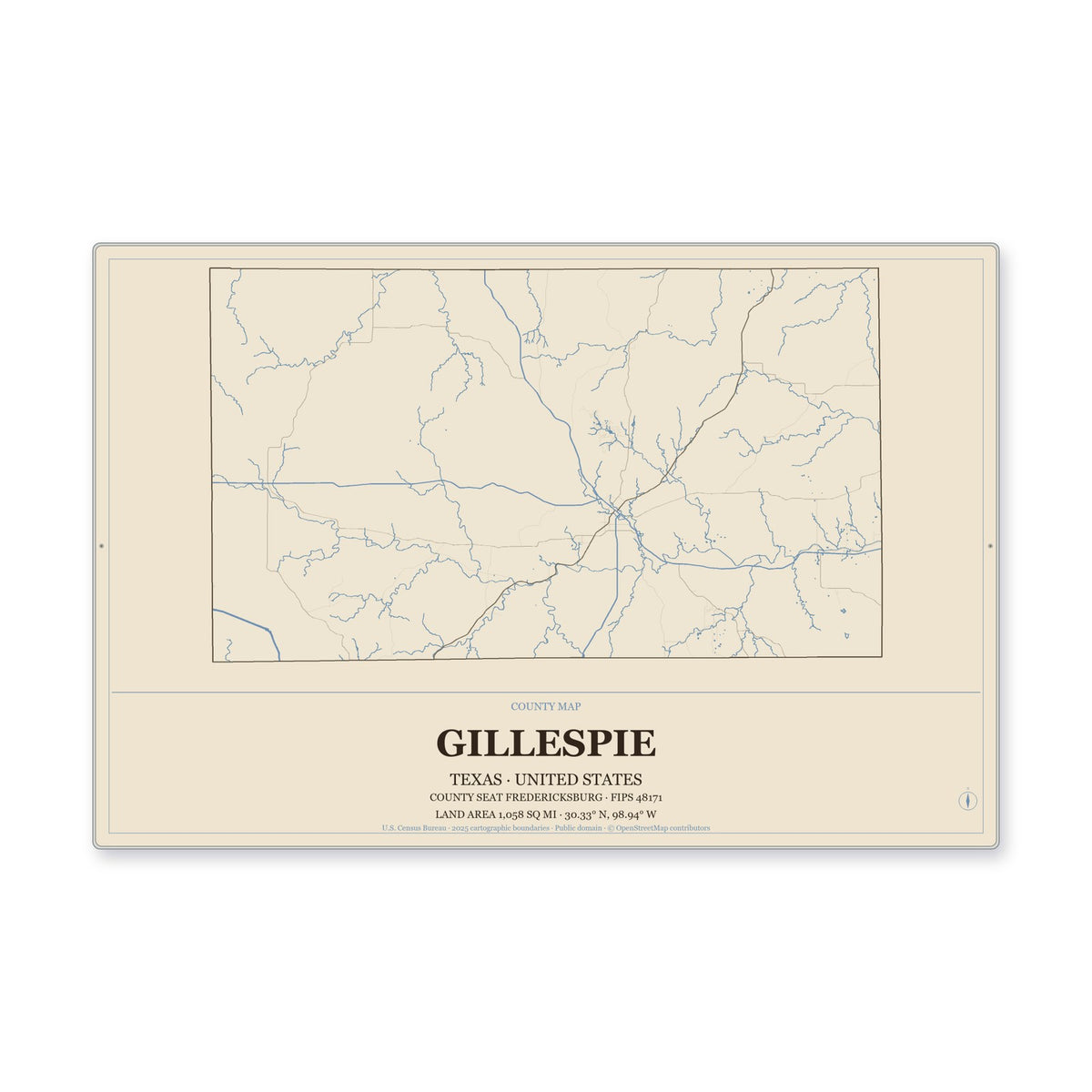 Gillespie County, Texas Map Aluminum Sign in Heritage Nautical style
