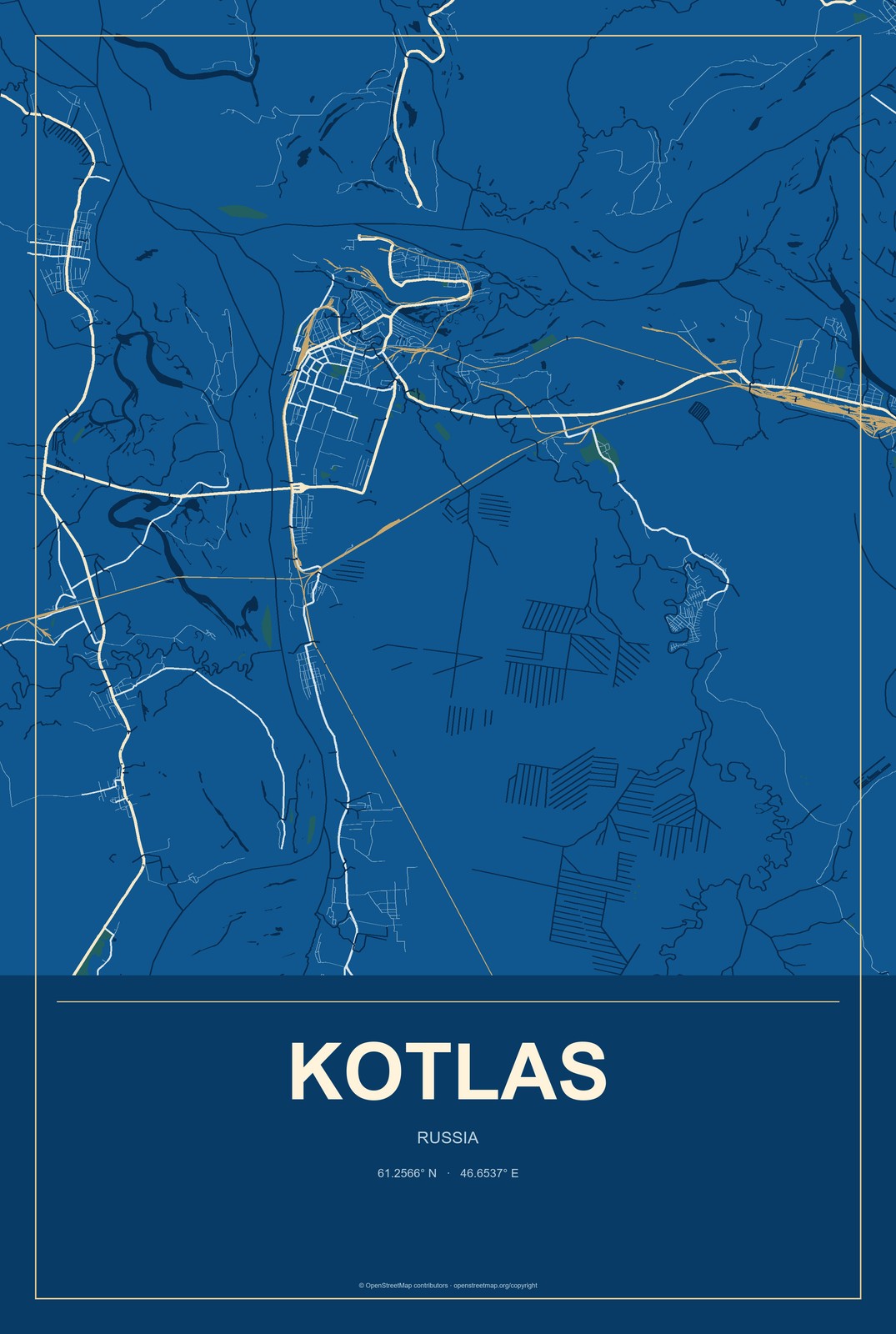 Kotlas, Russia City Map Aluminum Sign in Harbor Cobalt style