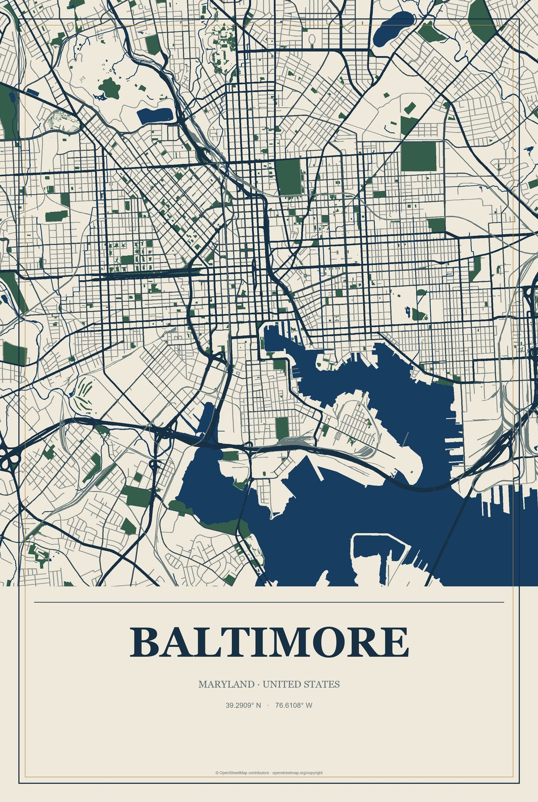 Baltimore, Maryland City Map Aluminum Sign in Coastal Cutout style