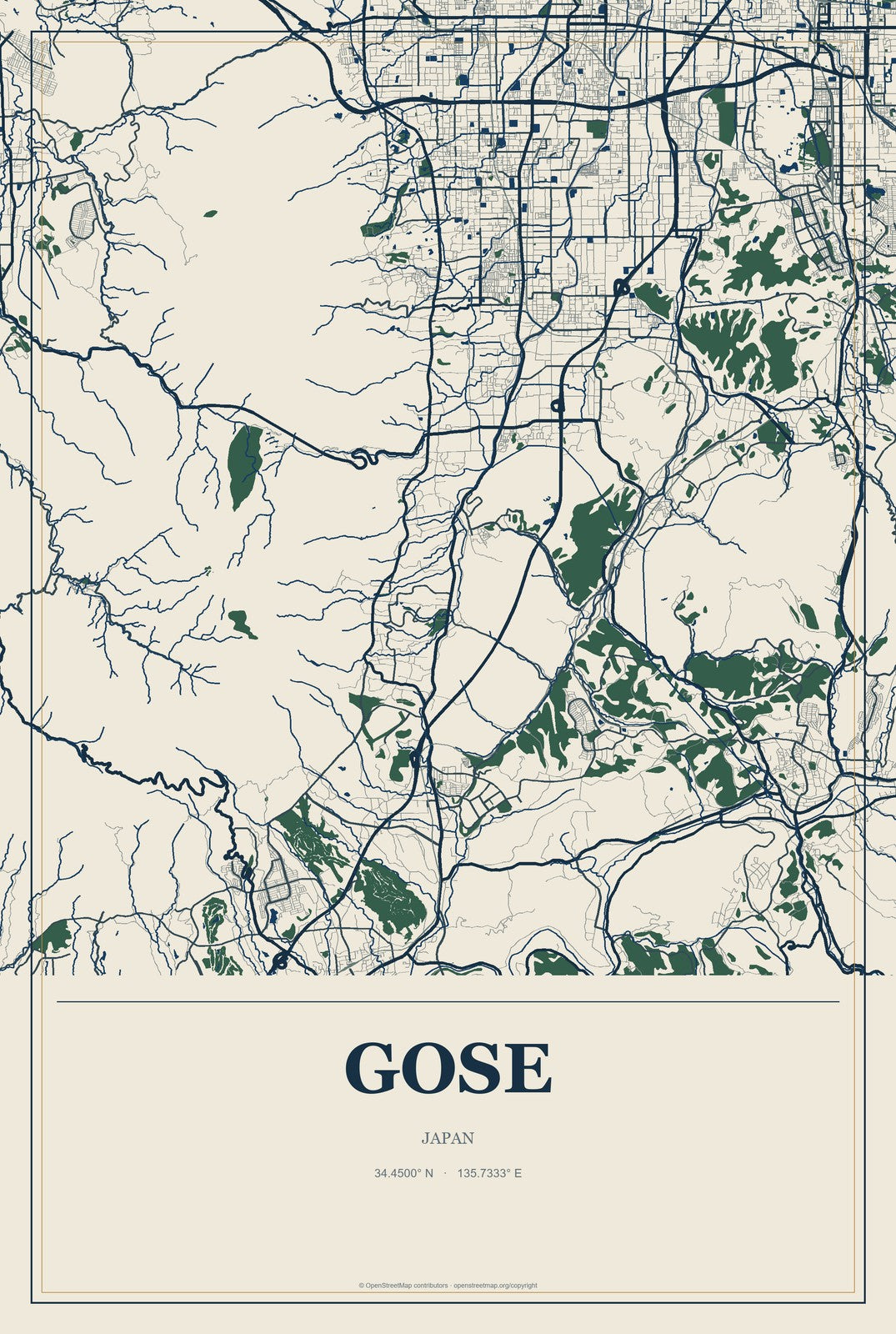 Gose, Japan City Map Aluminum Sign in Coastal Cutout style