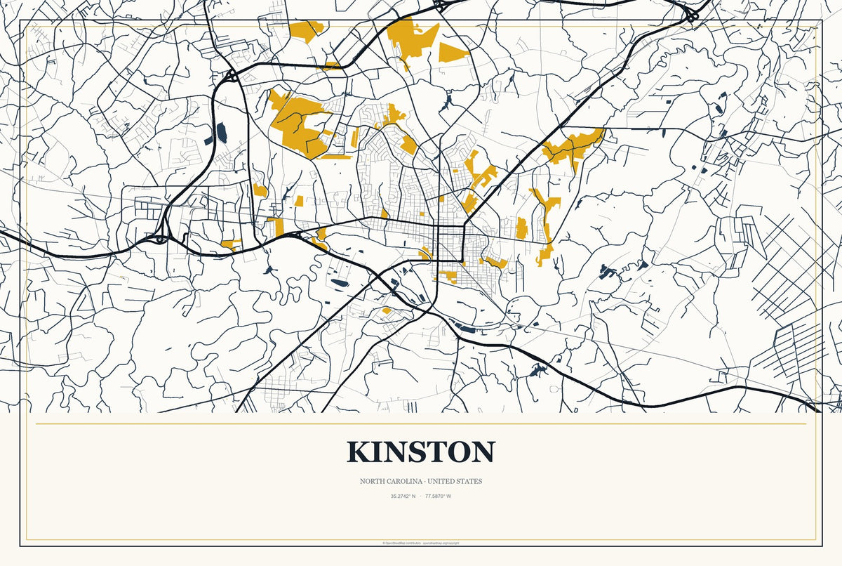 Kinston, North Carolina City Map Aluminum Sign in Citrine Modern style