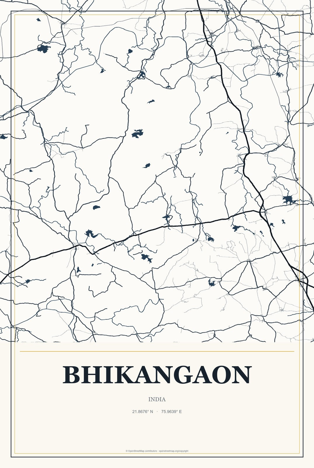 Bhikangaon, India City Map Aluminum Sign in Citrine Modern style