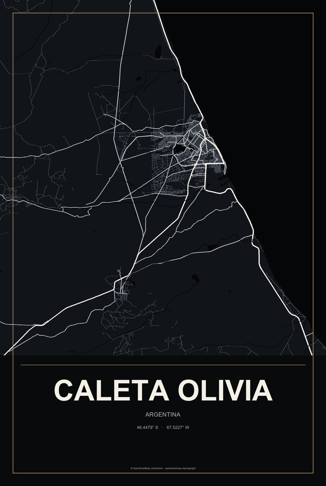 Caleta Olivia, Argentina City Map Aluminum Sign in Metropolitan Noir style