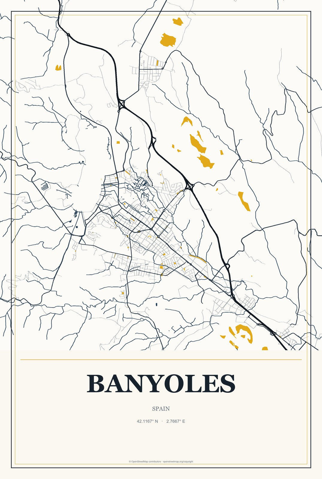 Banyoles, Spain City Map Aluminum Sign in Citrine Modern style