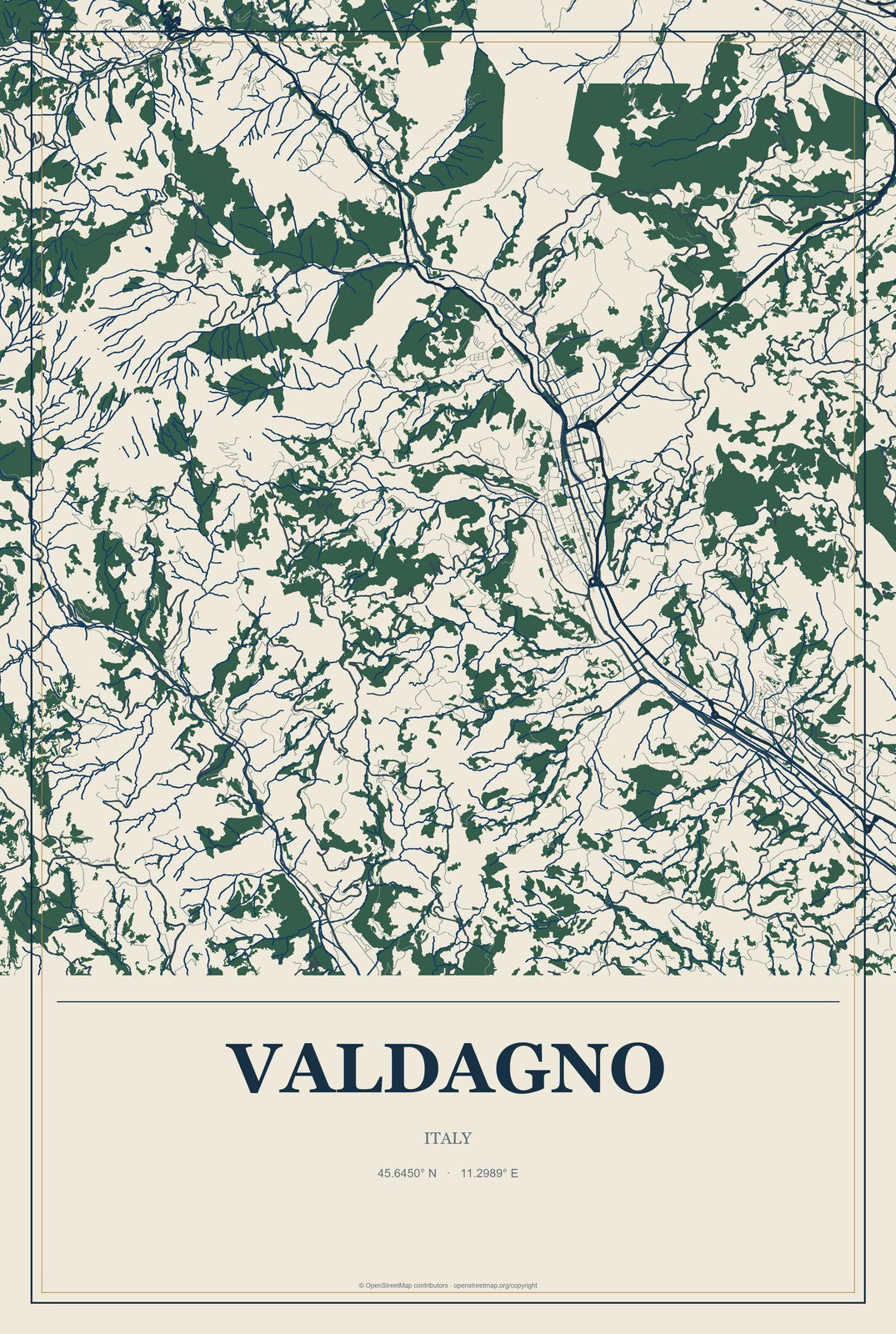 Valdagno, Italy City Map Aluminum Sign in Coastal Cutout style