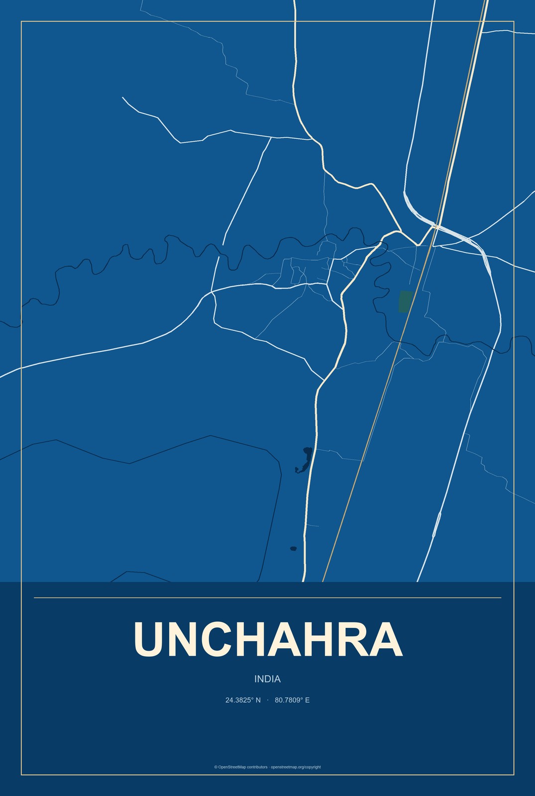 Unchahra, India City Map Aluminum Sign in Harbor Cobalt style
