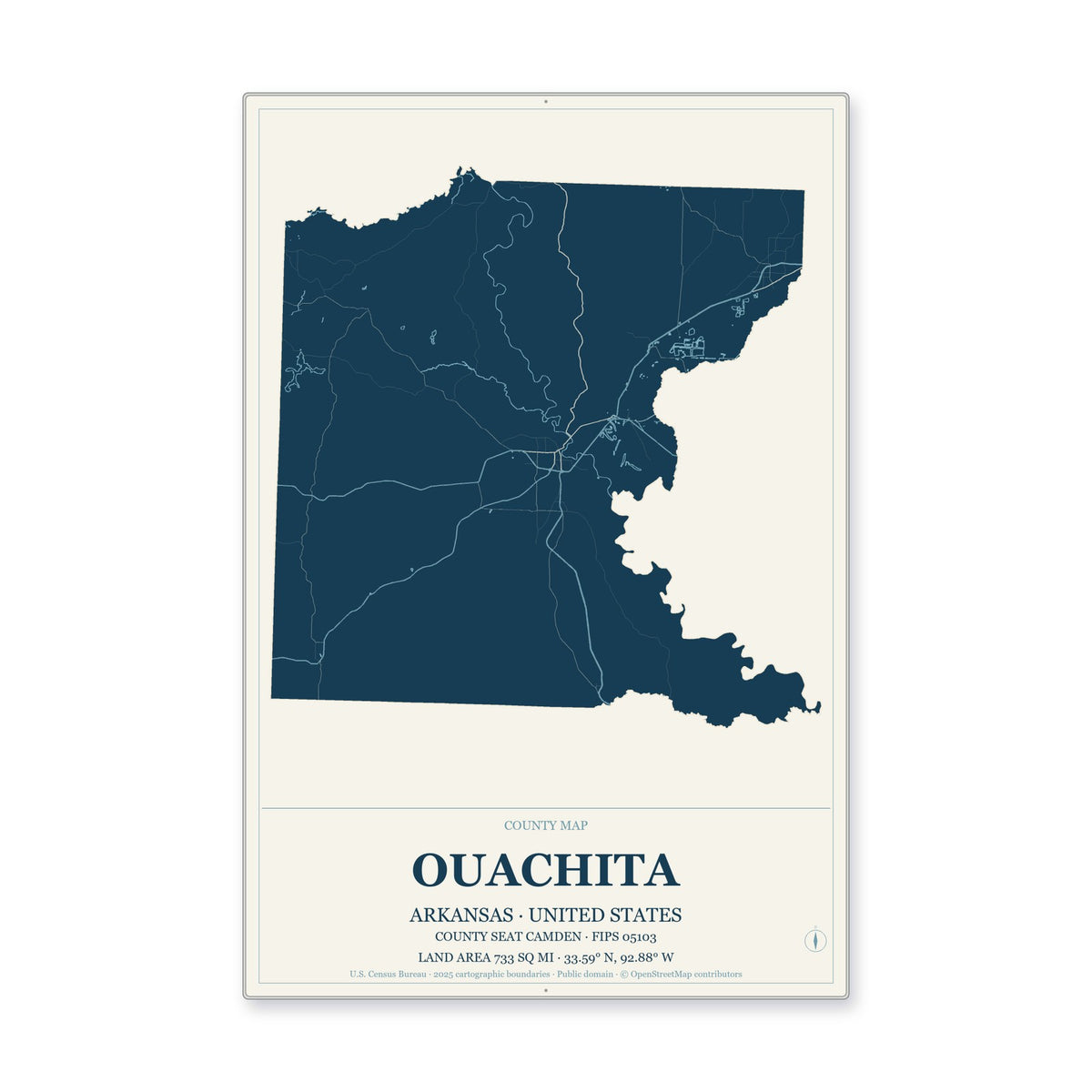 Ouachita County, Arkansas Map Aluminum Sign in Coastal Cutout style