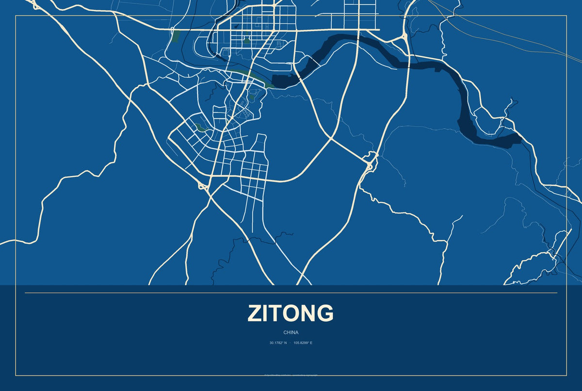 Zitong, China City Map Aluminum Sign in Harbor Cobalt style