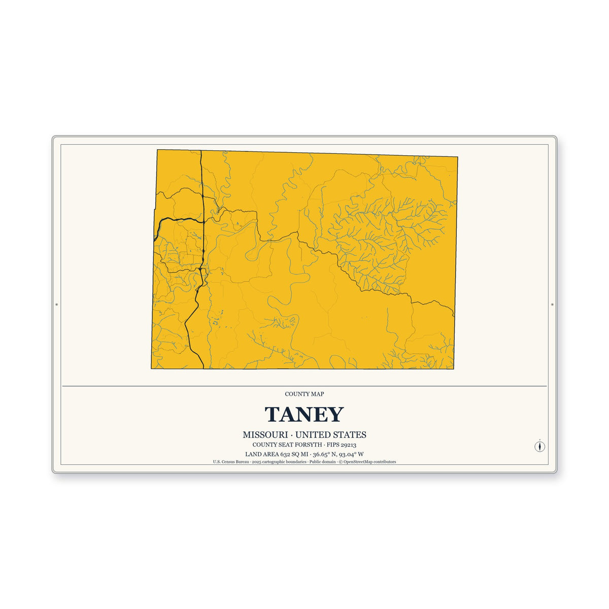 Taney County, Missouri Map Aluminum Sign in Citrine Modern style