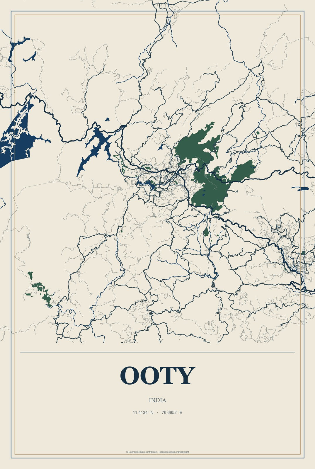 Ooty, India City Map Aluminum Sign in Coastal Cutout style