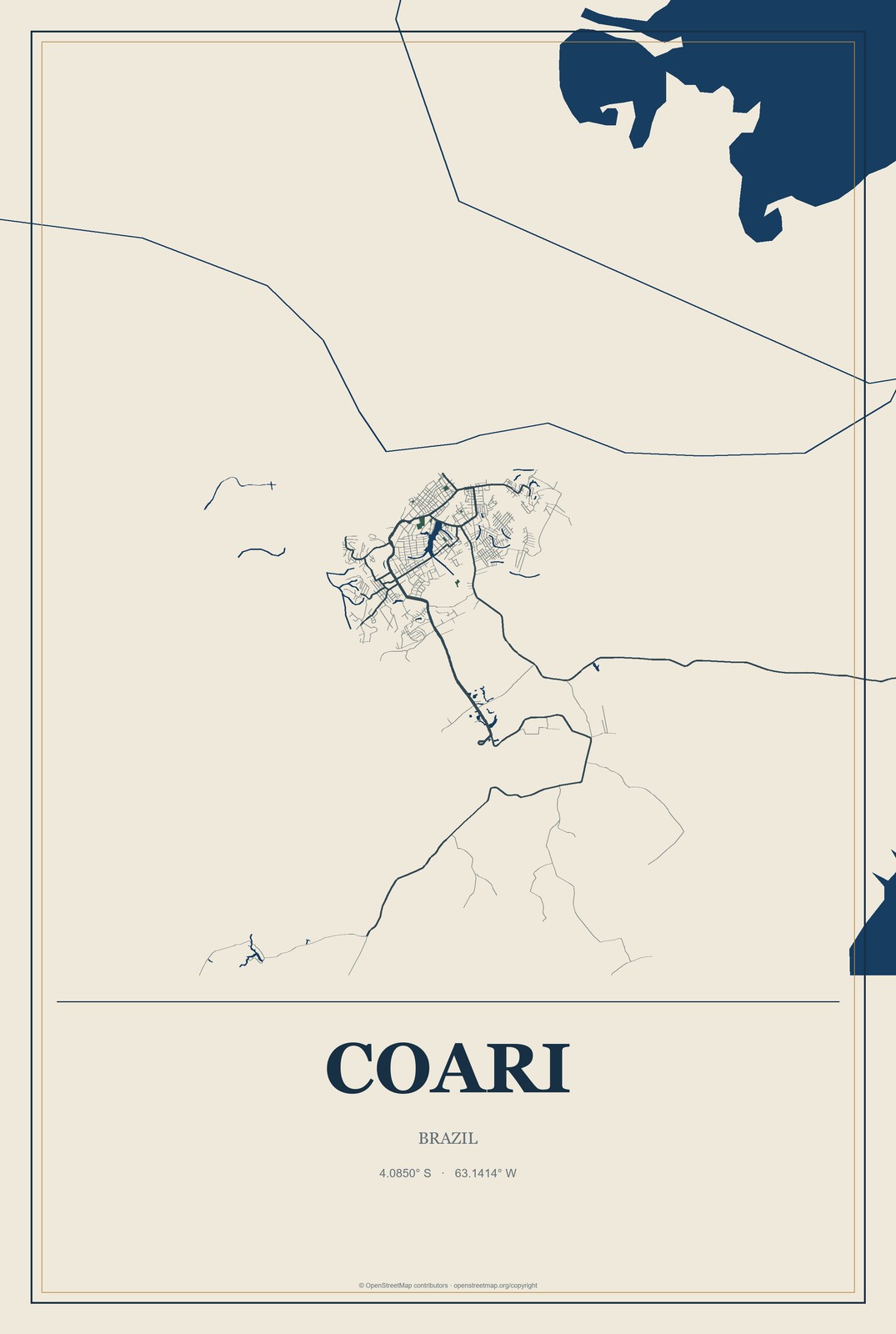 Coari, Brazil City Map Aluminum Sign in Coastal Cutout style