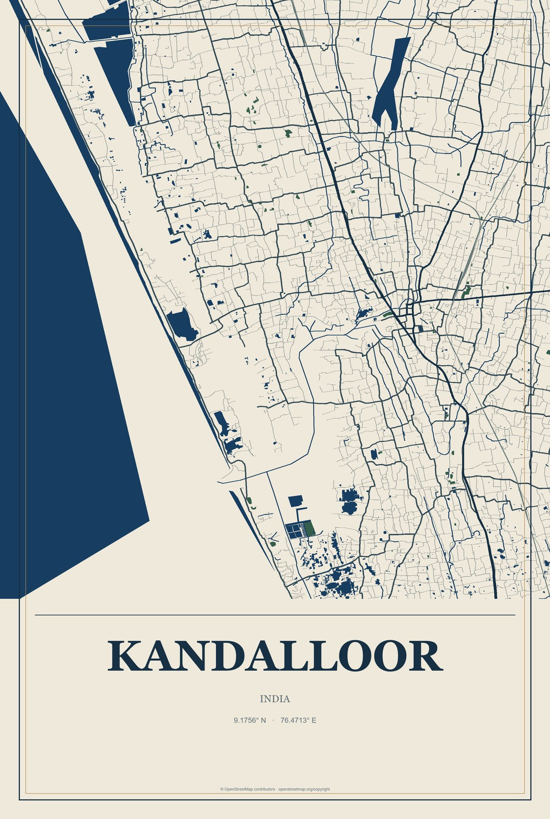 Kandalloor, India City Map Aluminum Sign in Coastal Cutout style