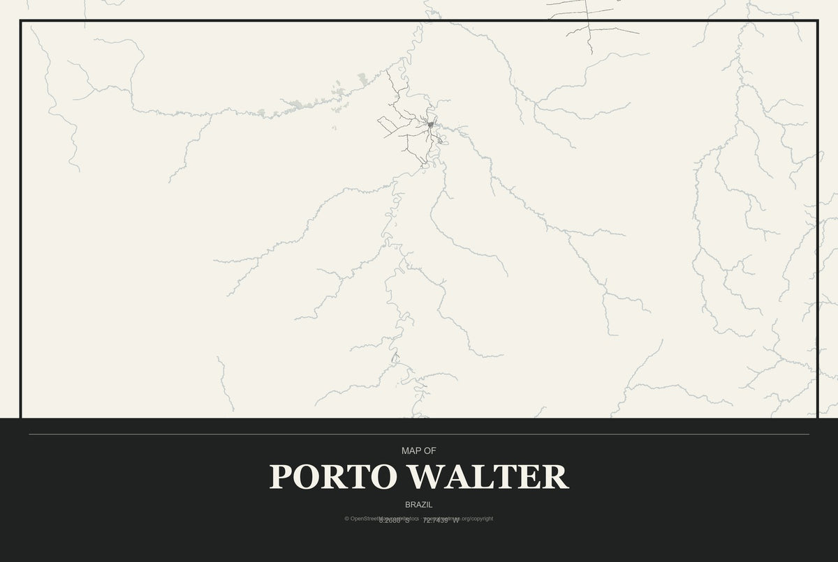 Porto Walter, Brazil City Map Aluminum Sign in Museum Plaque style