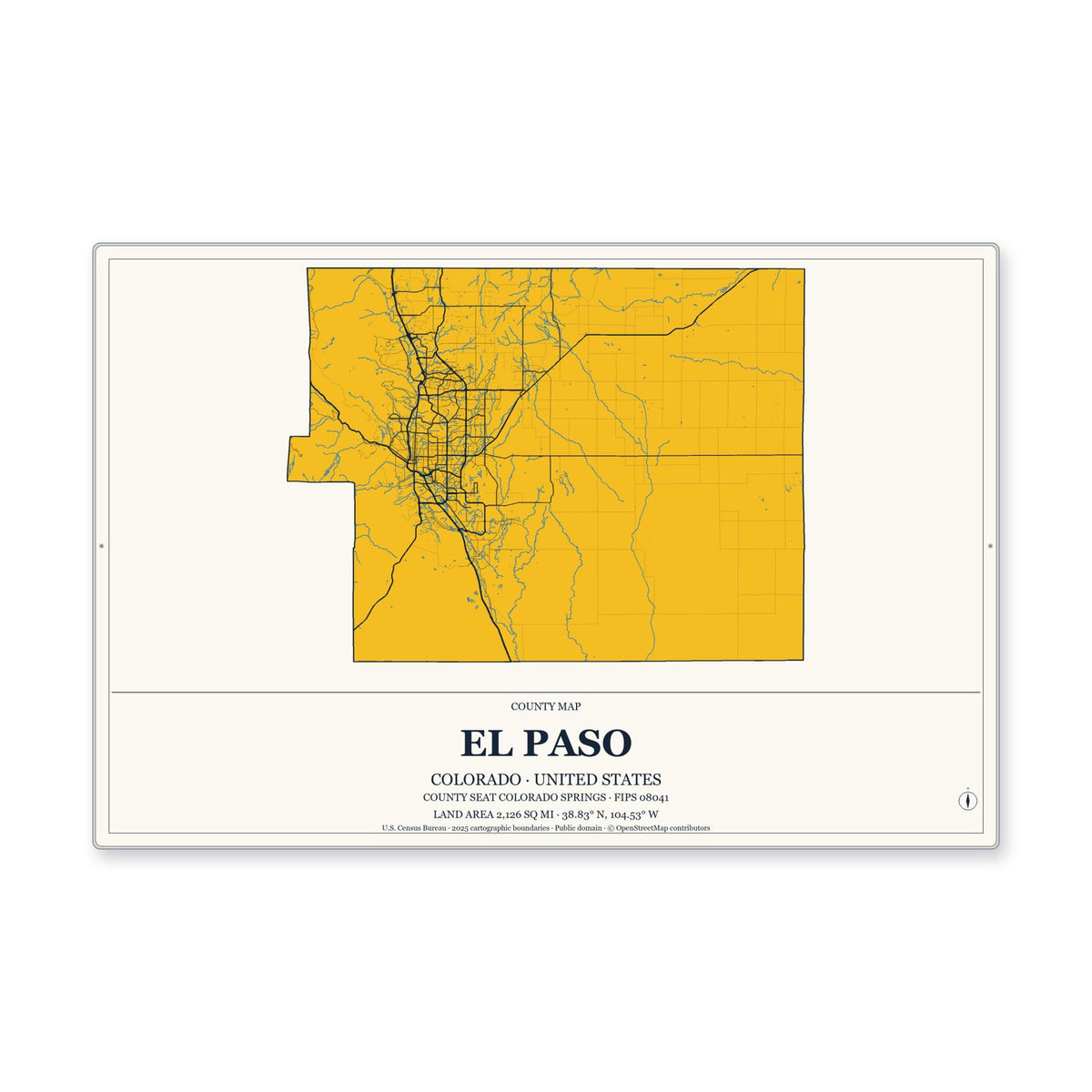 El Paso County, Colorado Map Aluminum Sign in Citrine Modern style