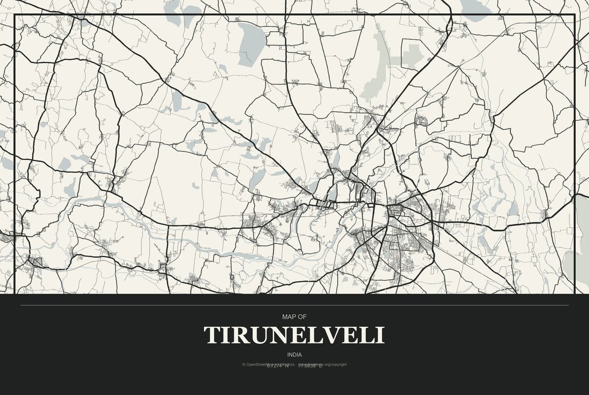 Tirunelveli, India City Map Aluminum Sign in Museum Plaque style