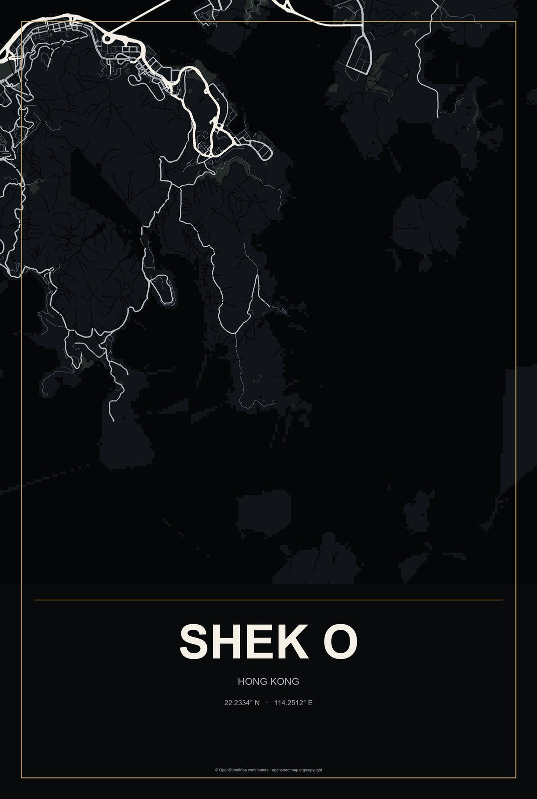 Shek O, Hong Kong City Map Aluminum Sign in Metropolitan Noir style