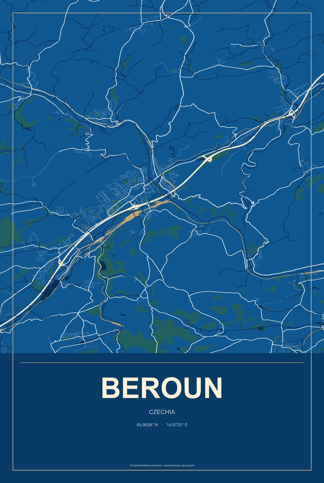 Beroun, Czechia City Map Aluminum Sign in Harbor Cobalt style