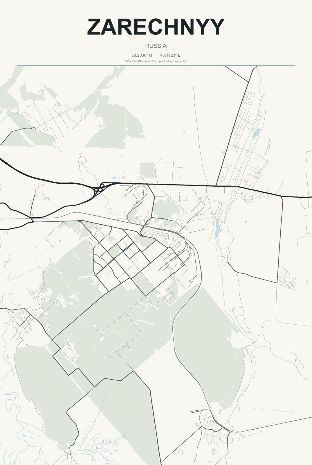 Zarechnyy, Sverdlovsk Oblast, Russia City Map Aluminum Sign in Headline Atlas style