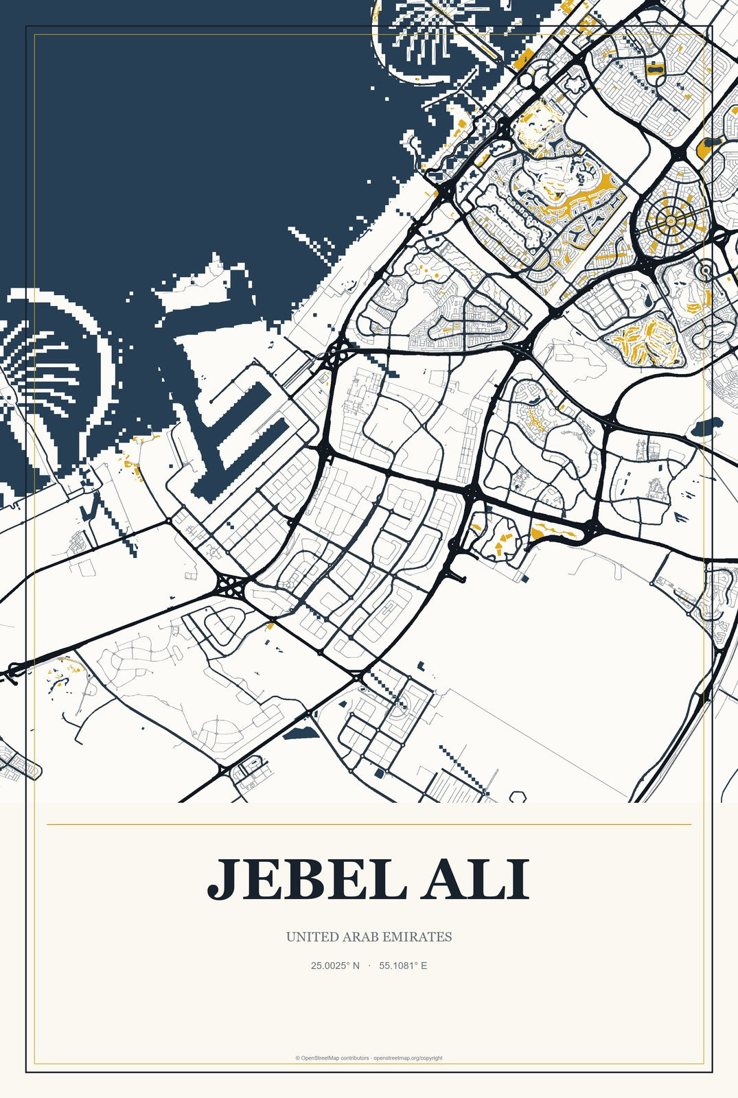 Jebel Ali, United Arab Emirates City Map Aluminum Sign in Citrine Modern style