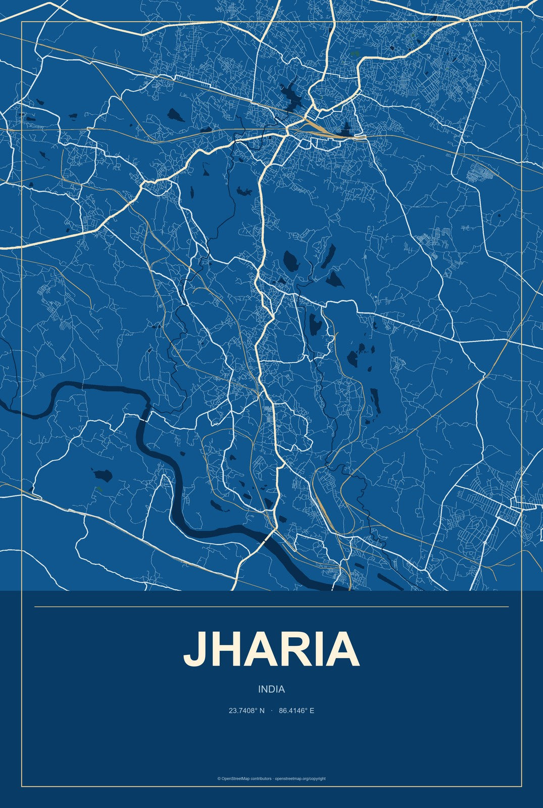 Jharia, India City Map Aluminum Sign in Harbor Cobalt style