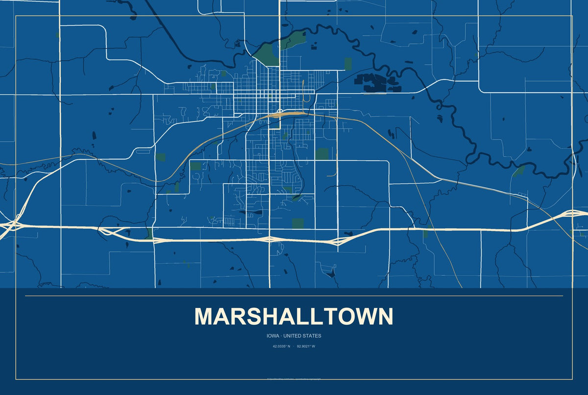 Marshalltown, Iowa City Map Aluminum Sign in Harbor Cobalt style