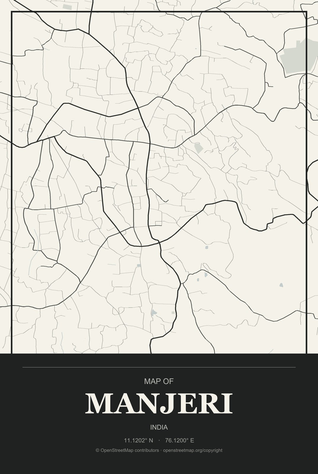 Manjeri, India City Map Aluminum Sign in Museum Plaque style