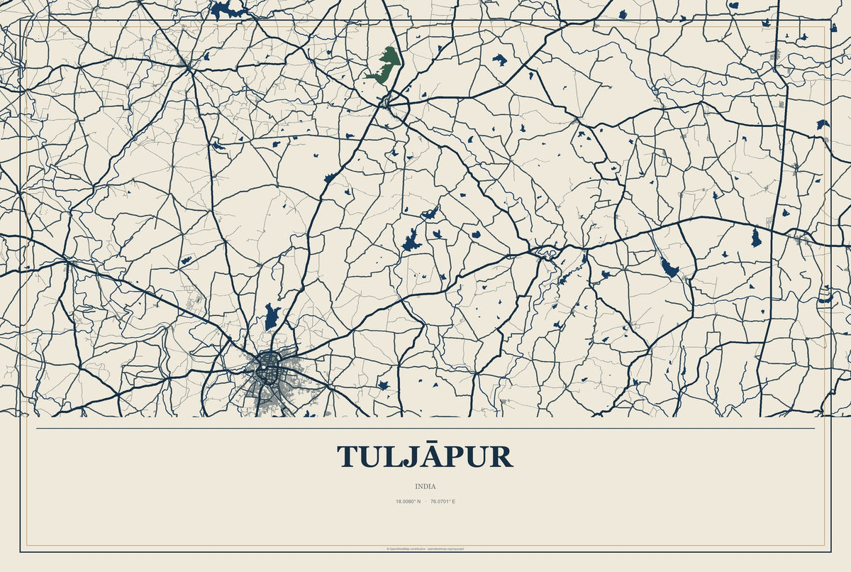 Tuljāpur, India City Map Aluminum Sign in Coastal Cutout style