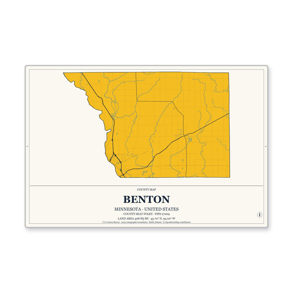 Benton County, Minnesota Map Aluminum Sign in Citrine Modern style