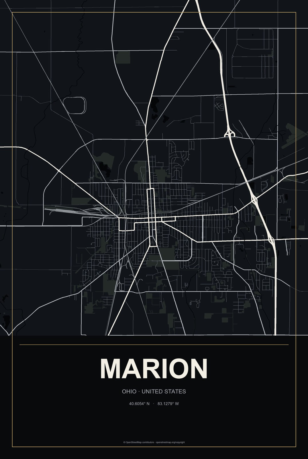 Marion, Ohio City Map Aluminum Sign in Metropolitan Noir style