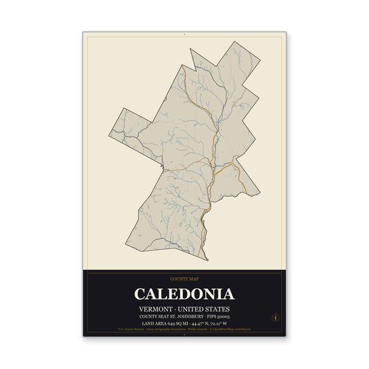 Caledonia County, Vermont Map Aluminum Sign in Museum Plaque style