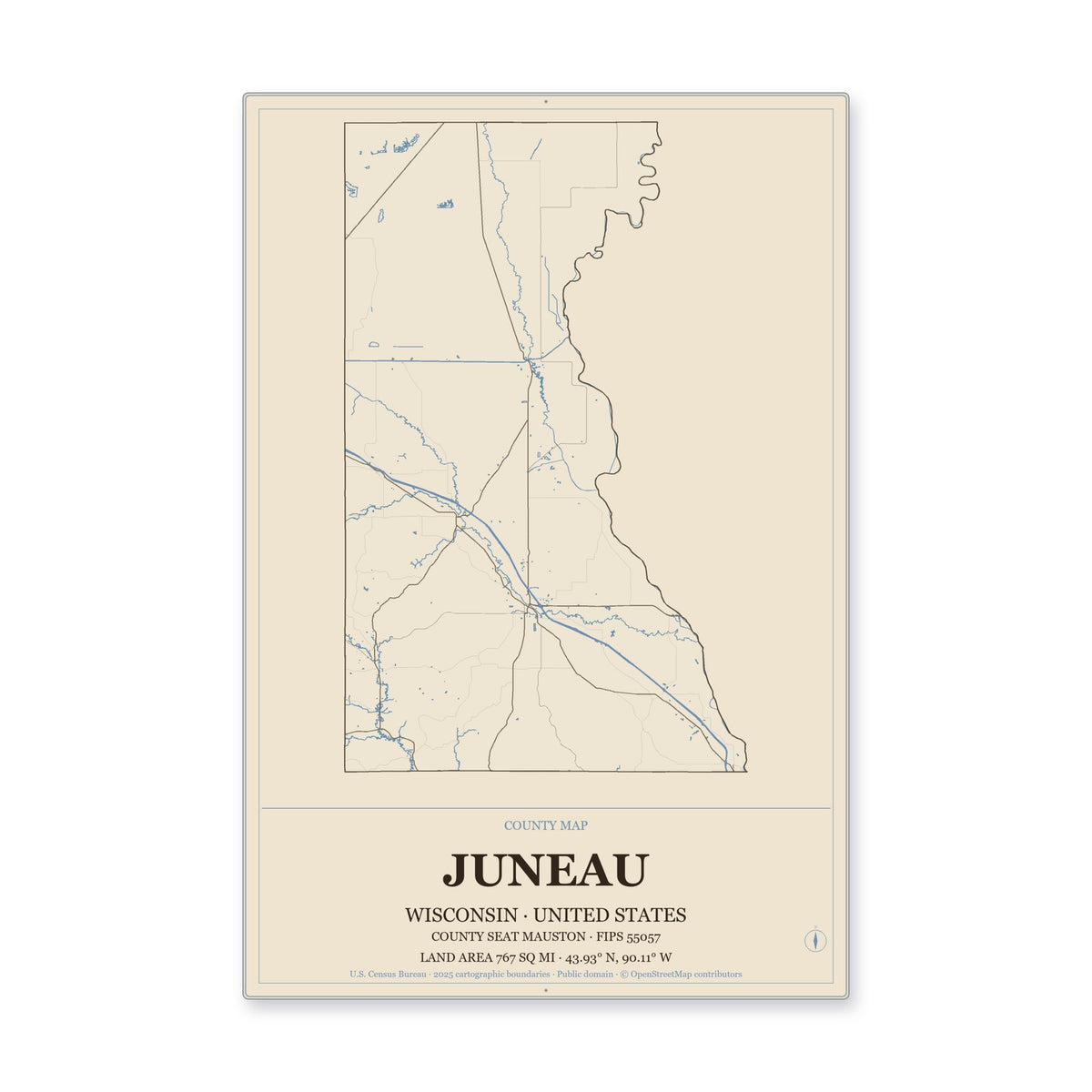 Juneau County, Wisconsin Map Aluminum Sign in Heritage Nautical style