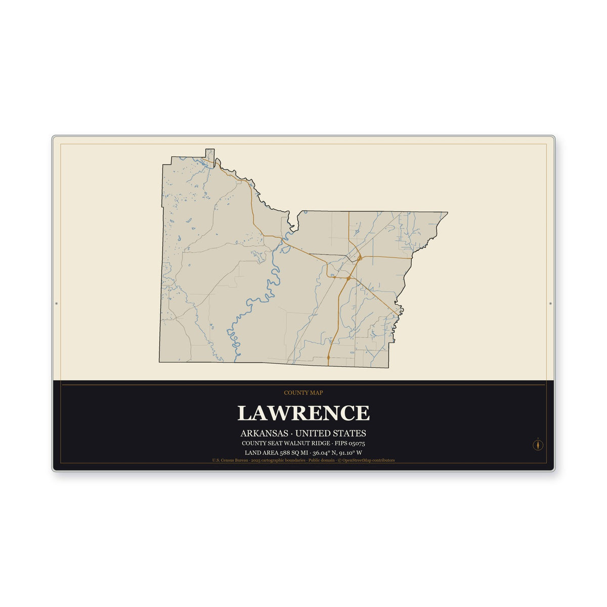 Lawrence County, Arkansas Map Aluminum Sign in Museum Plaque style