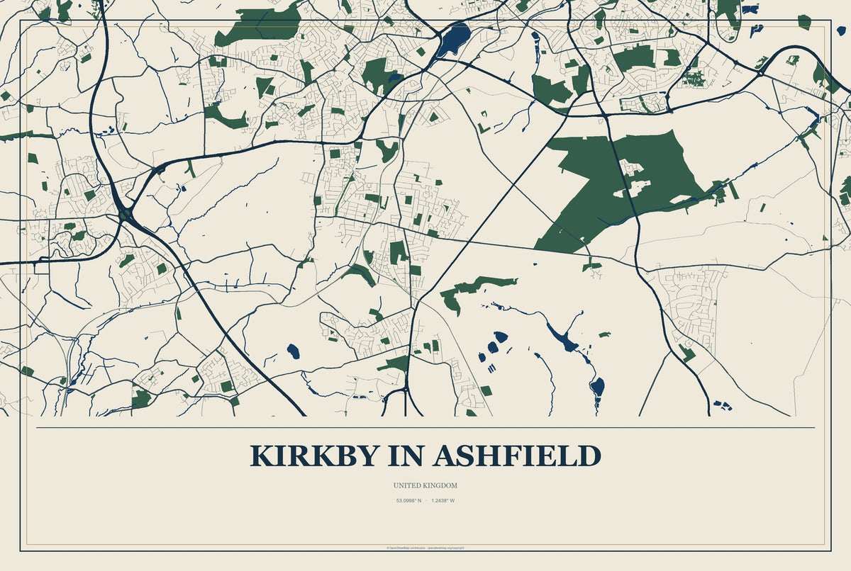 Kirkby in Ashfield, United Kingdom City Map Aluminum Sign in Coastal Cutout style