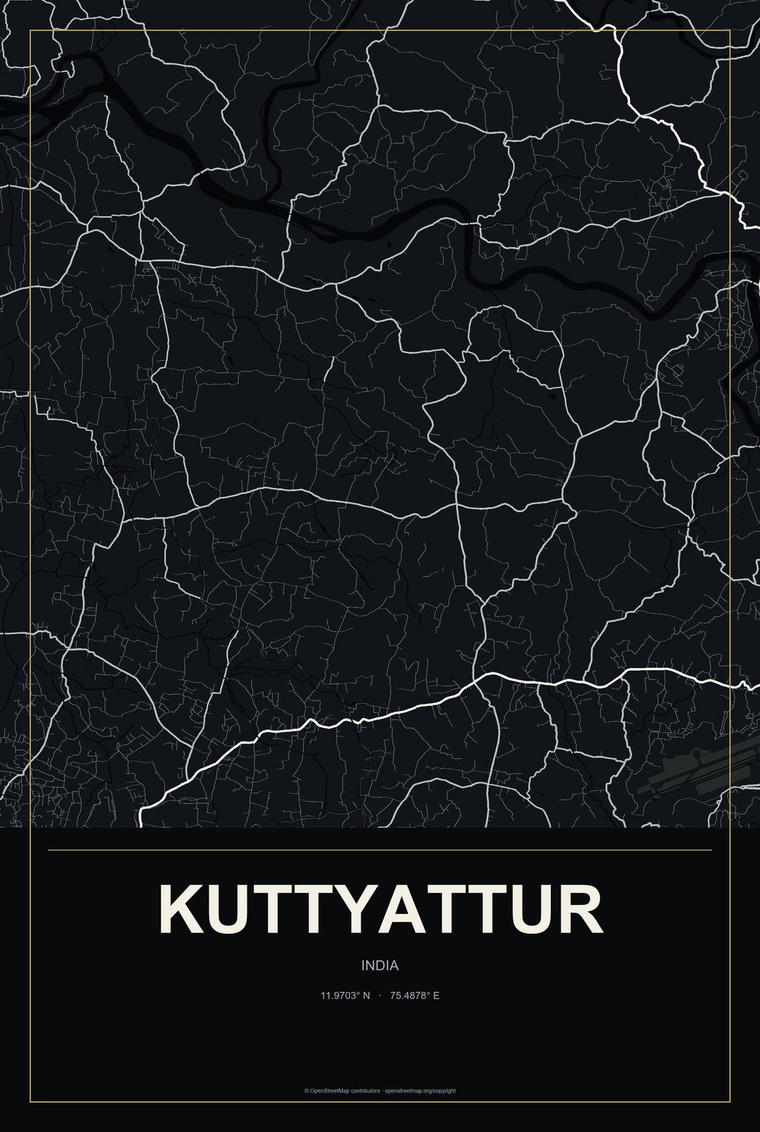 Kuttyattur, India City Map Aluminum Sign in Metropolitan Noir style