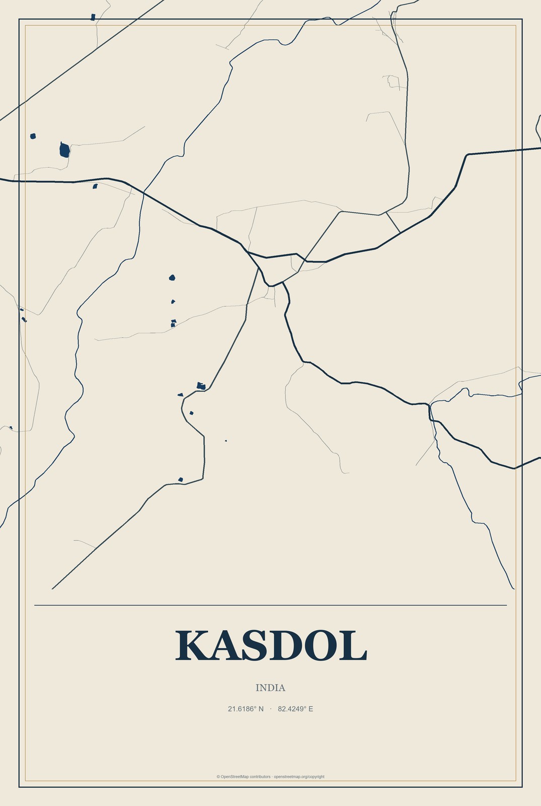 Kasdol, India City Map Aluminum Sign in Coastal Cutout style
