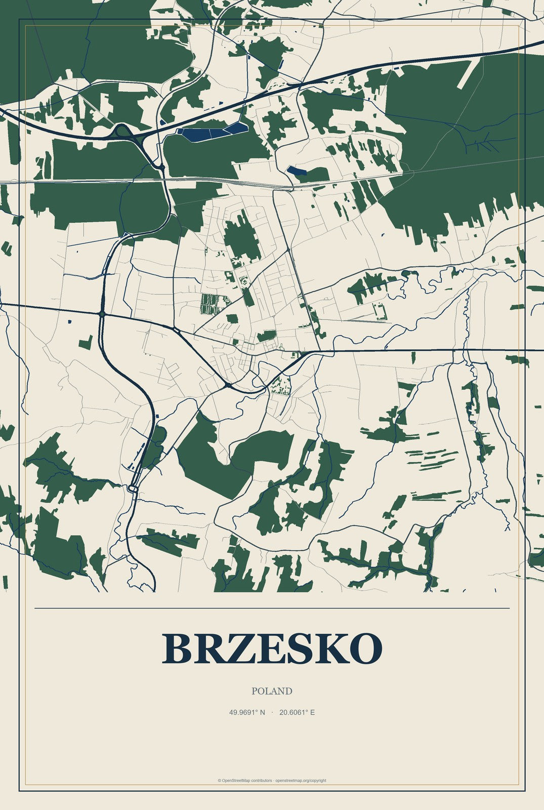 Brzesko, Poland City Map Aluminum Sign in Coastal Cutout style