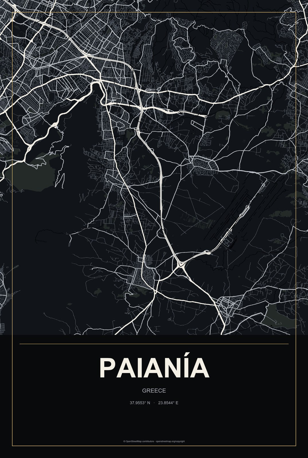 Paianía, Greece City Map Aluminum Sign in Metropolitan Noir style